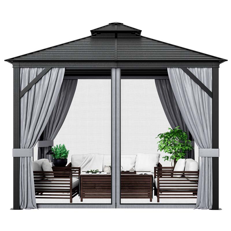 10 x 10 FT Hardtop Gazebo with Netting, Outdoor Patio Metal Gazebo with Galvanized Steel Roof