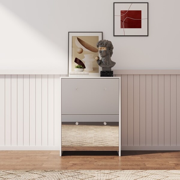 2 Tiers / 3 Tier Narrow Shoe Storage Cabinet with Mirror - - 37594165