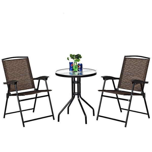 Costway 3PC Bistro Patio Garden Furniture Set 2 Folding Chairs Glass