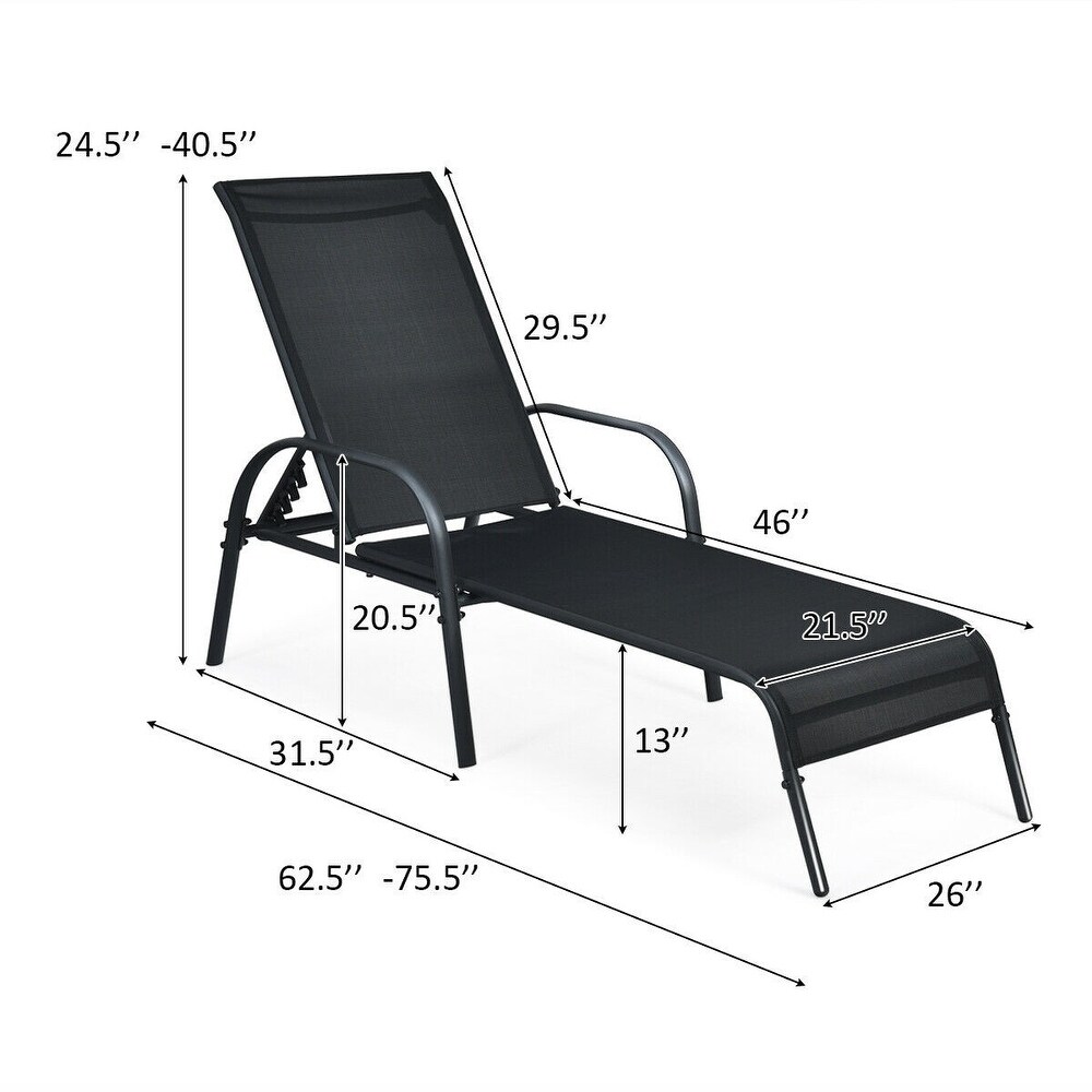 2 Pcs Outdoor Patio Lounge Chair Chaise Fabric with Adjustable Reclining Armrest   75.5\