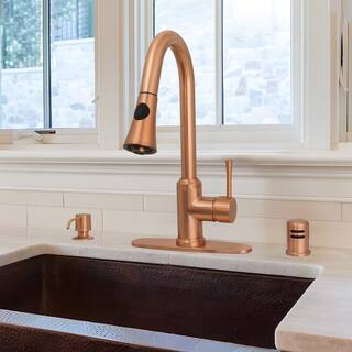 Akicon Single-Handle Pull Down Sprayer Kitchen Faucet with Deckplate in Brushed Copper AK96466-C