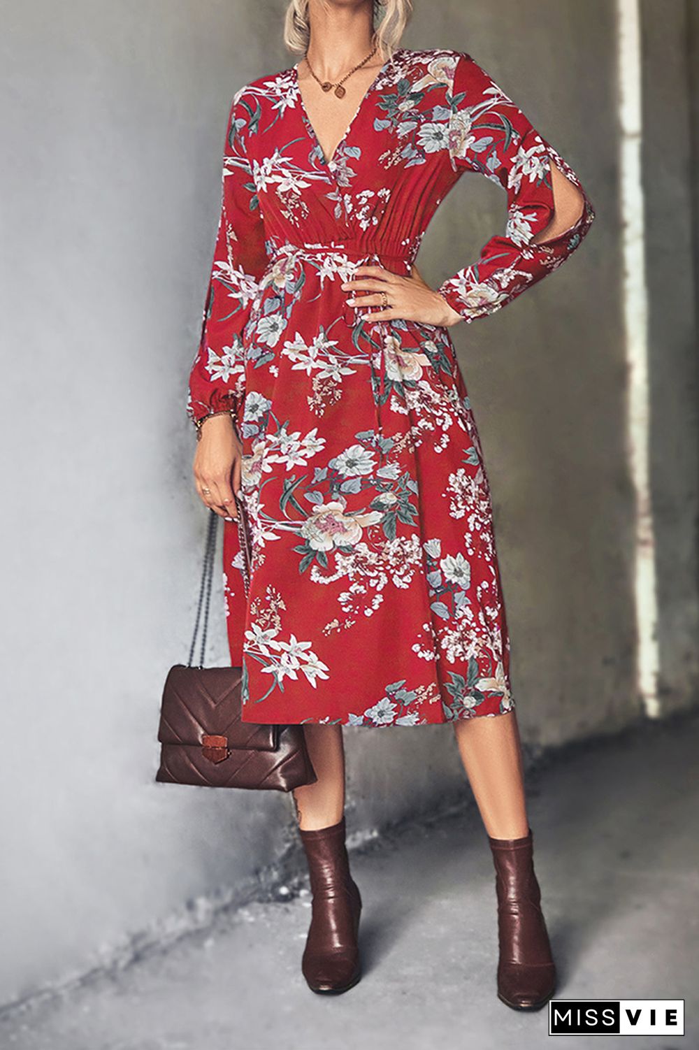 Puff Sleeve V Neck High Waist Floral Dress