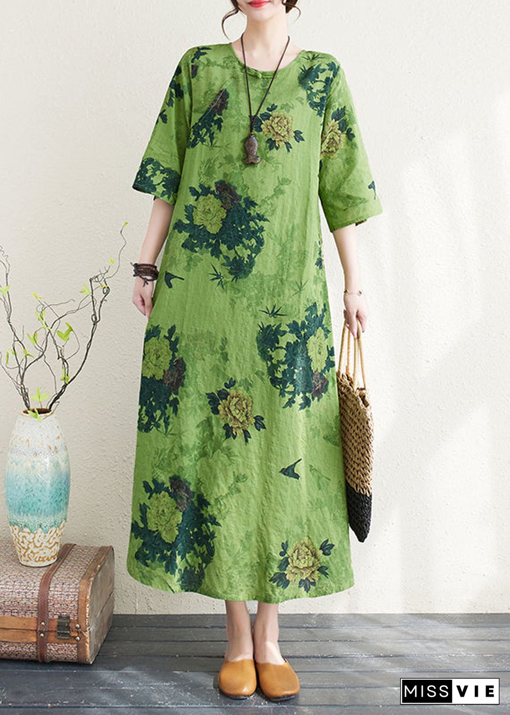 Women Green Print Chinese Button Linen A Line Dress Summer