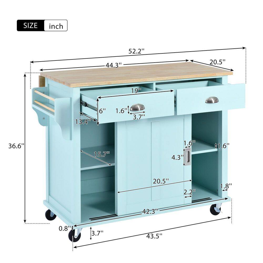 52 in. Mint Green Kitchen Cart Island with Rubber wood Drop-Leaf Countertop for Kitchen Dining Room Bathroom LH-360