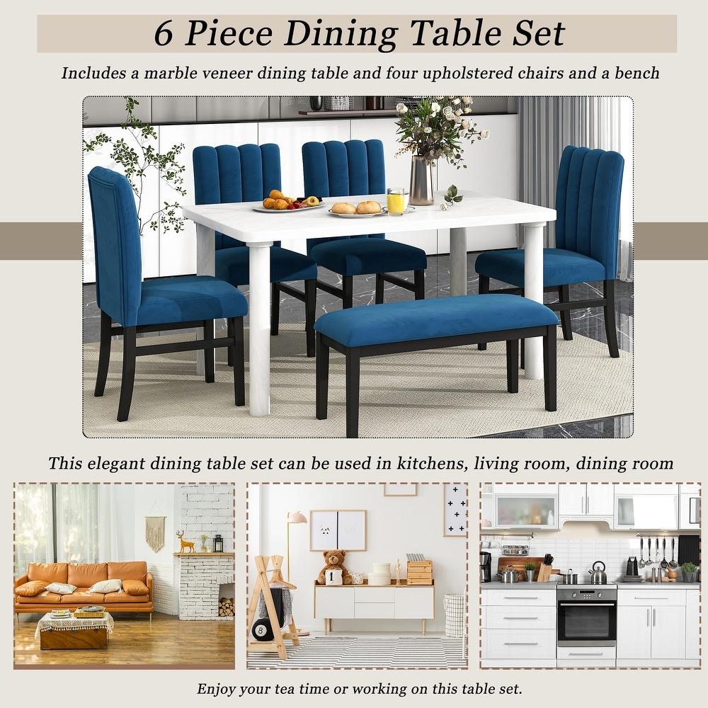 Modern 6 Piece Dining Set with Marble Veneer Table and Tufted Upholstered Dining Chairs and Upholstered Bench  for Dining Room