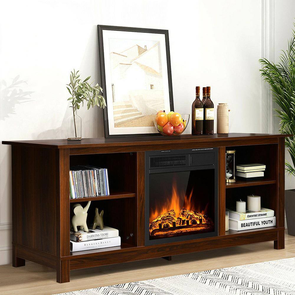 Gymax 58 in. Fireplace TV Stand with 18 in. 1500-Watt Electric Fireplace 65 in. Walnut (2-Tier) GYM06593