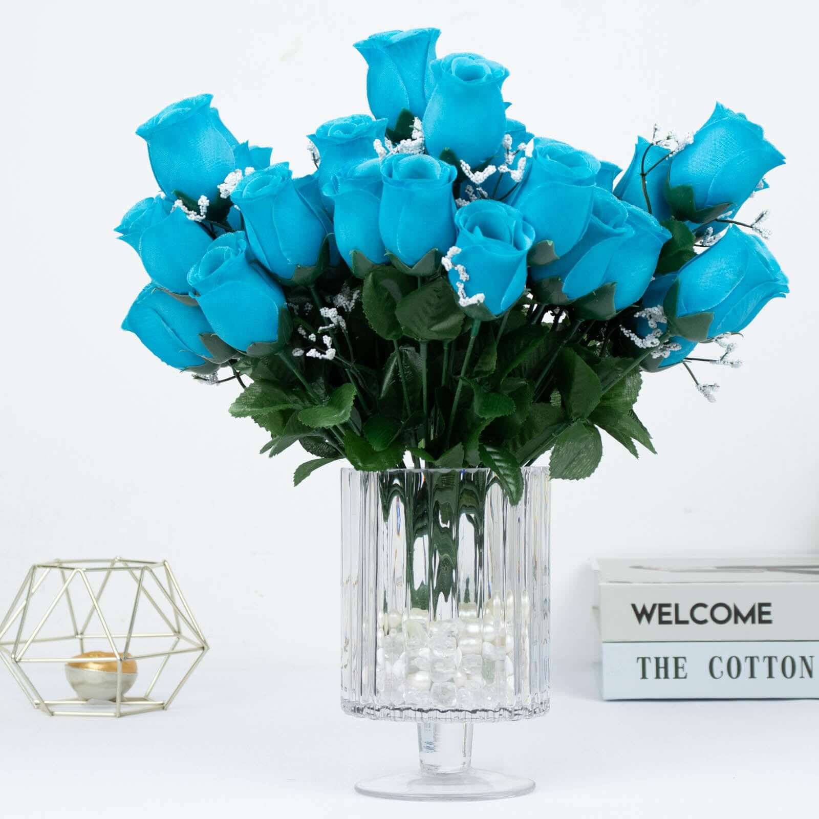 12 Bushes Turquoise Artificial Premium Silk Flower Rose Bud Bouquets