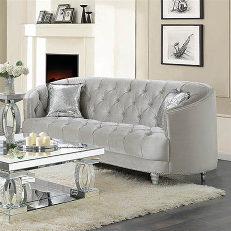 Coaster Avonlea Transitional Velvet Tufted Sloped Arm Sofa in Gray   Traditional   Sofas   by Simple Relax  Houzz