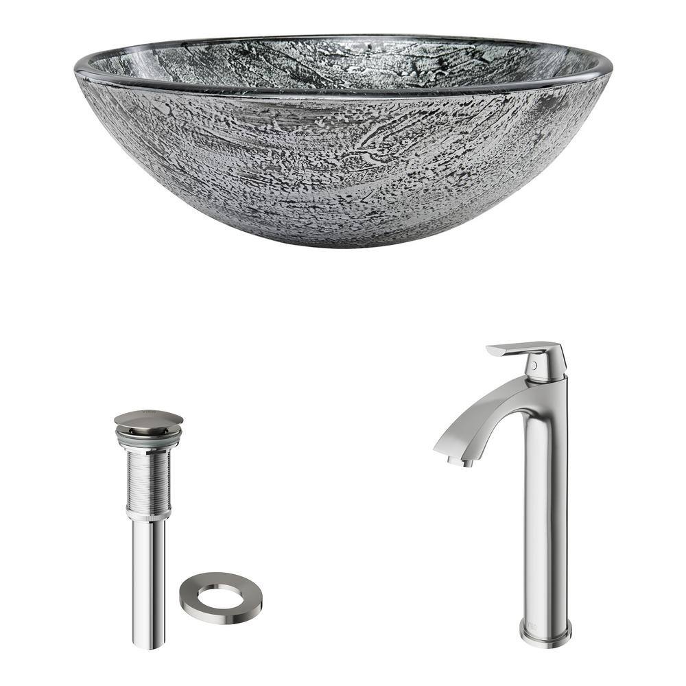 VIGO Glass Round Vessel Bathroom Sink in Titanium Gray with Linus Faucet and Pop-Up Drain in Brushed Nickel VGT559