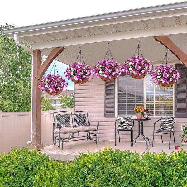 Artificial Silk Flowers Hanging Baskets Outdoors，Chrysanthemum with Eucalyptus Leaves in Metal Coconut Lining Flowerpot