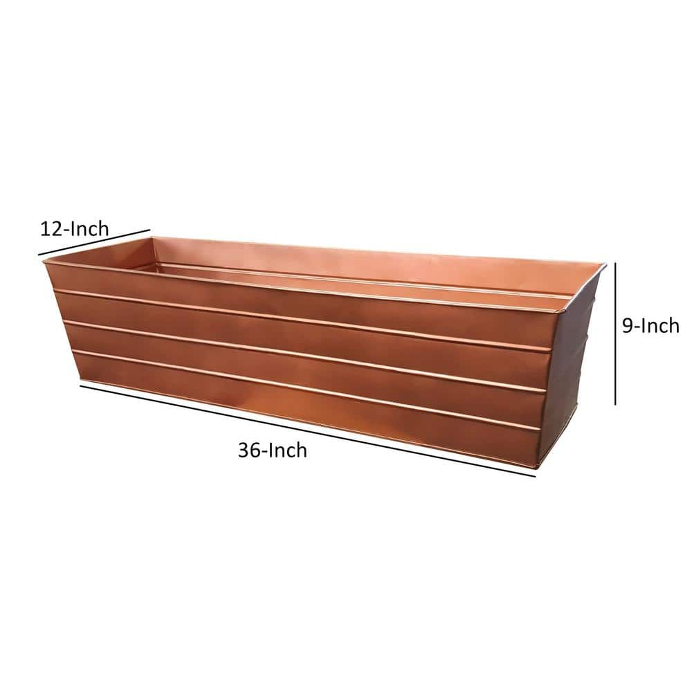 Benjara Large Copper Rectangular Metal Flower Planter Box with Embossed Line Design BM195218