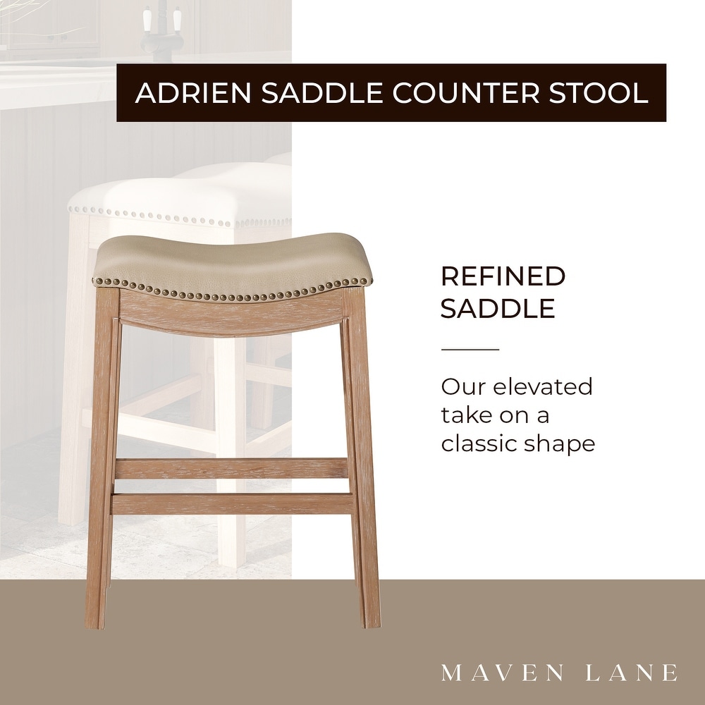 Maven Lane Adrien Saddle Counter Stool in Weathered Oak Finish w/ Avanti Bone Vegan Leather   Brown   Counter   26\