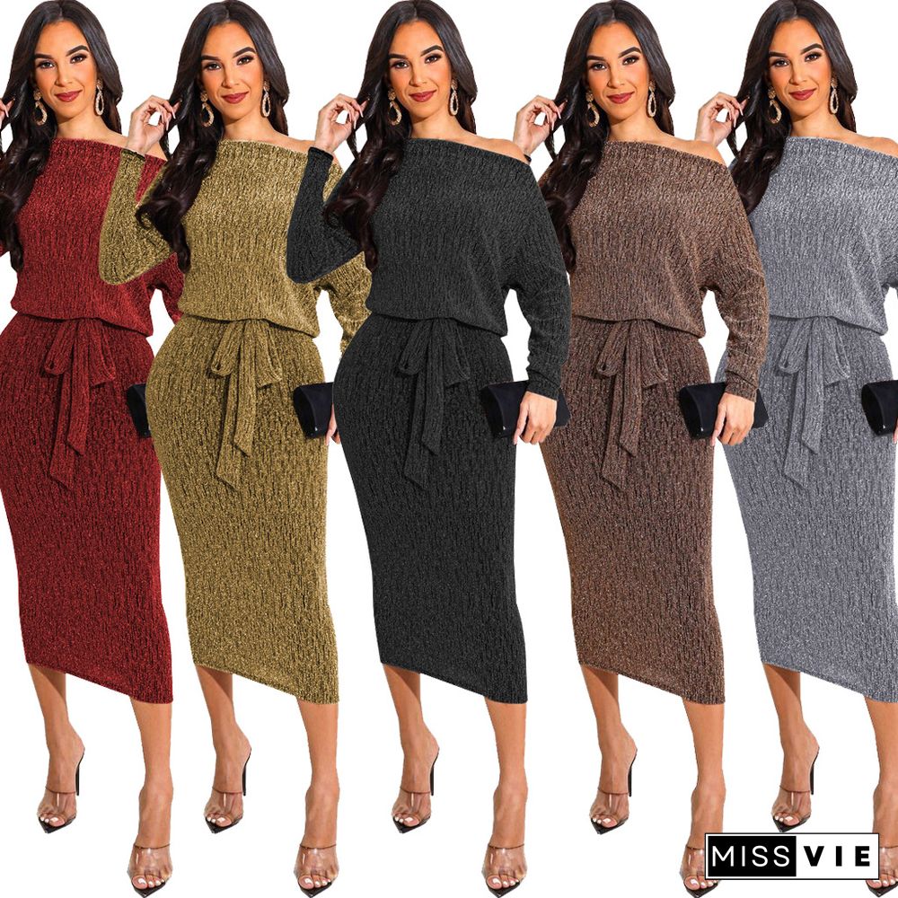 Shiny Robe Long Sleeve Wrap Lace-up Belt Maxi Dress