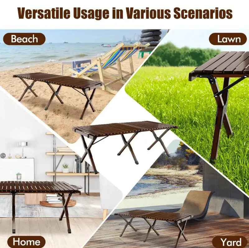 HOTO Outdoor High Quality Solid Wood Egg Roll Table Camp  Picnic Beach Wood Table Portable Camping Folding Table