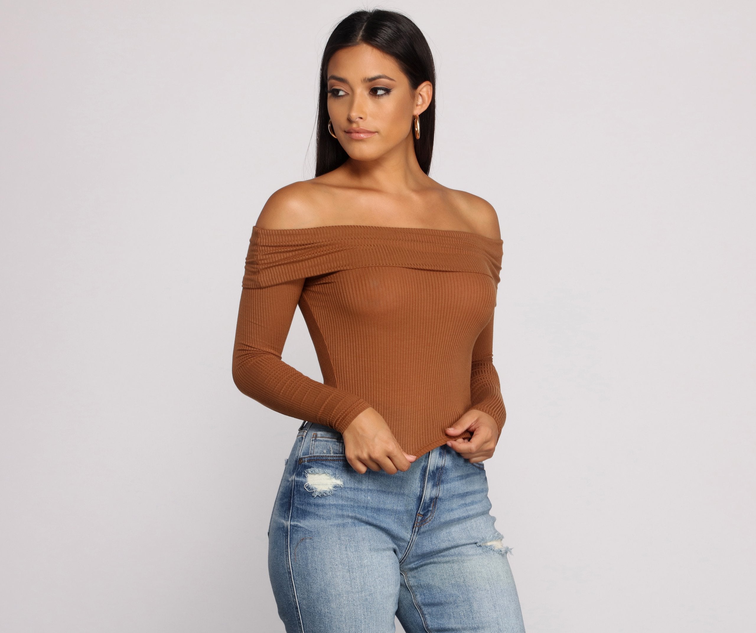 Ribbed Off The Shoulder Fold-Over Top