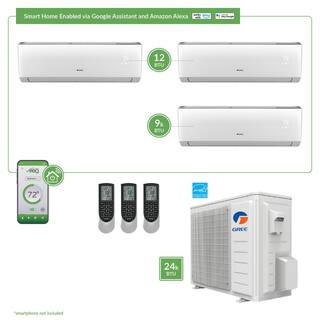 GREE Gen3 Smart Home Triple-Zone 24000 BTU 2 Ton Ductless Mini Split Air Conditioner with Heat Inverter Remote 230-Volt MULTI24VIR302HP