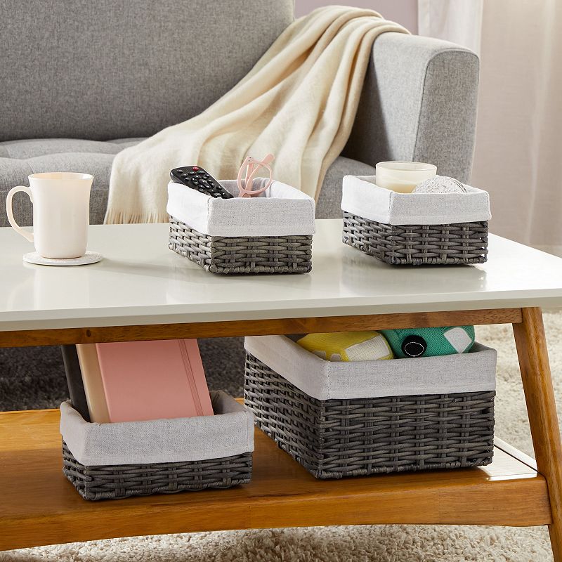 Wicker Storage Baskets with Liners， 2 Sizes (Grey， 4 Pieces)