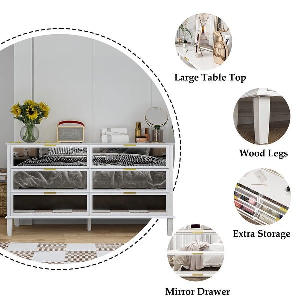 Mirrored Dresser with 6 Storage Drawer Modern Accent Cabinet Console