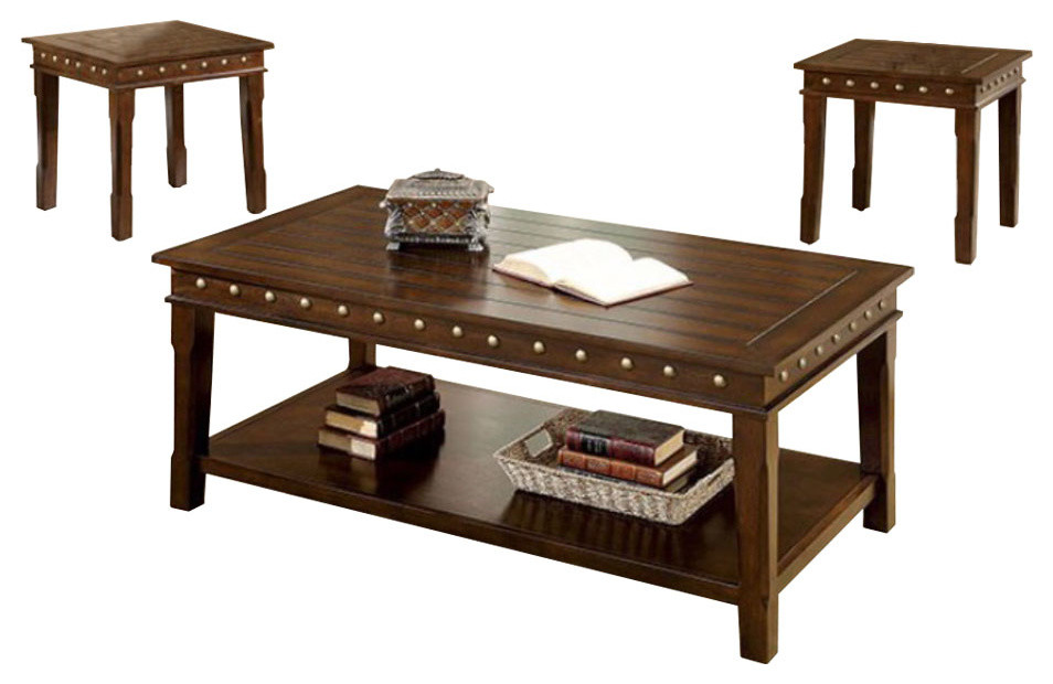 Solid Wood Coffee  ampEnd Tables Set  Dark Brown  Pack Of 3   Transitional   Coffee Table Sets   by Homesquare  Houzz