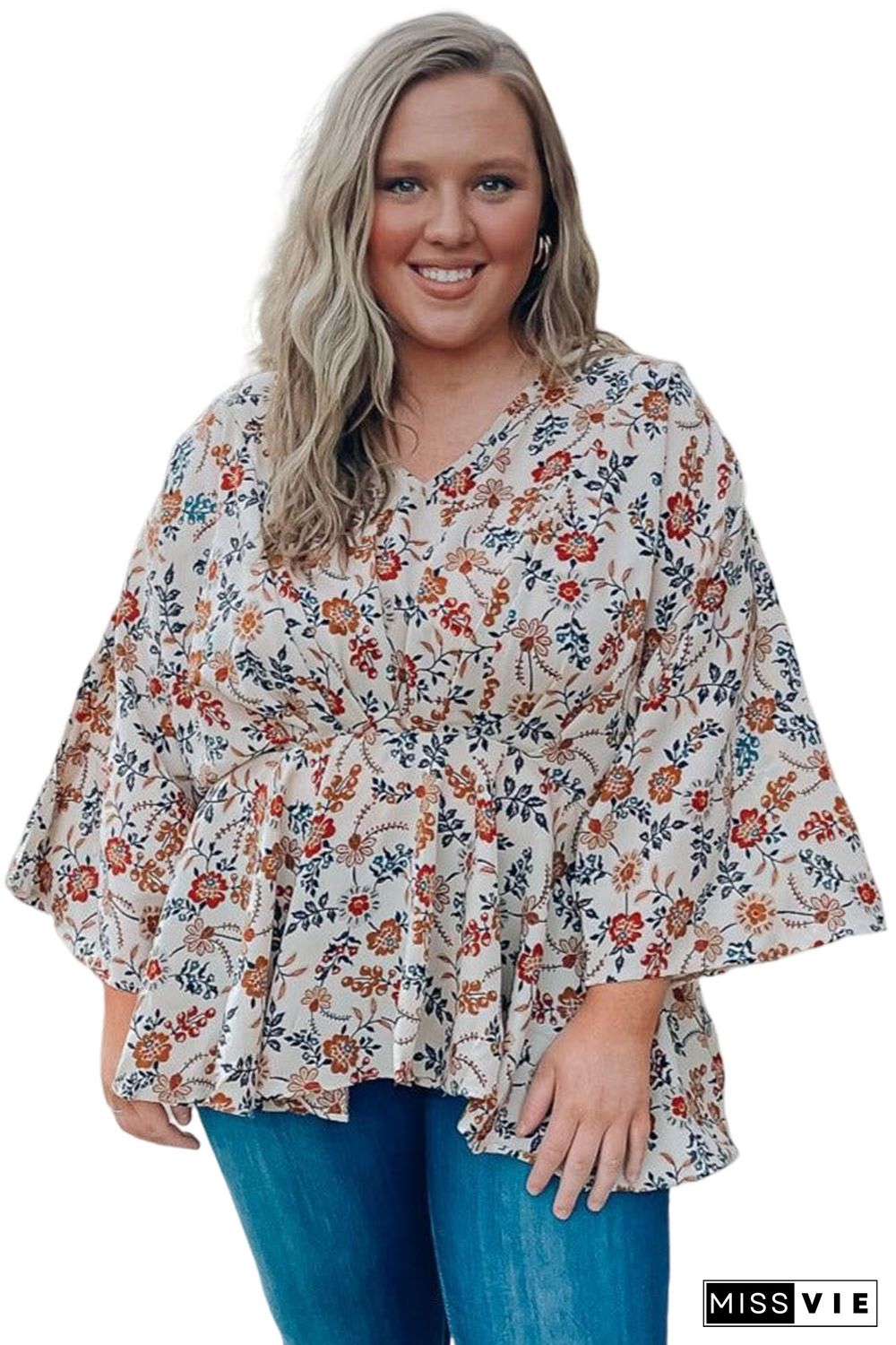 Apricot Plus Size Floral Print V Neck Peplum Blouse