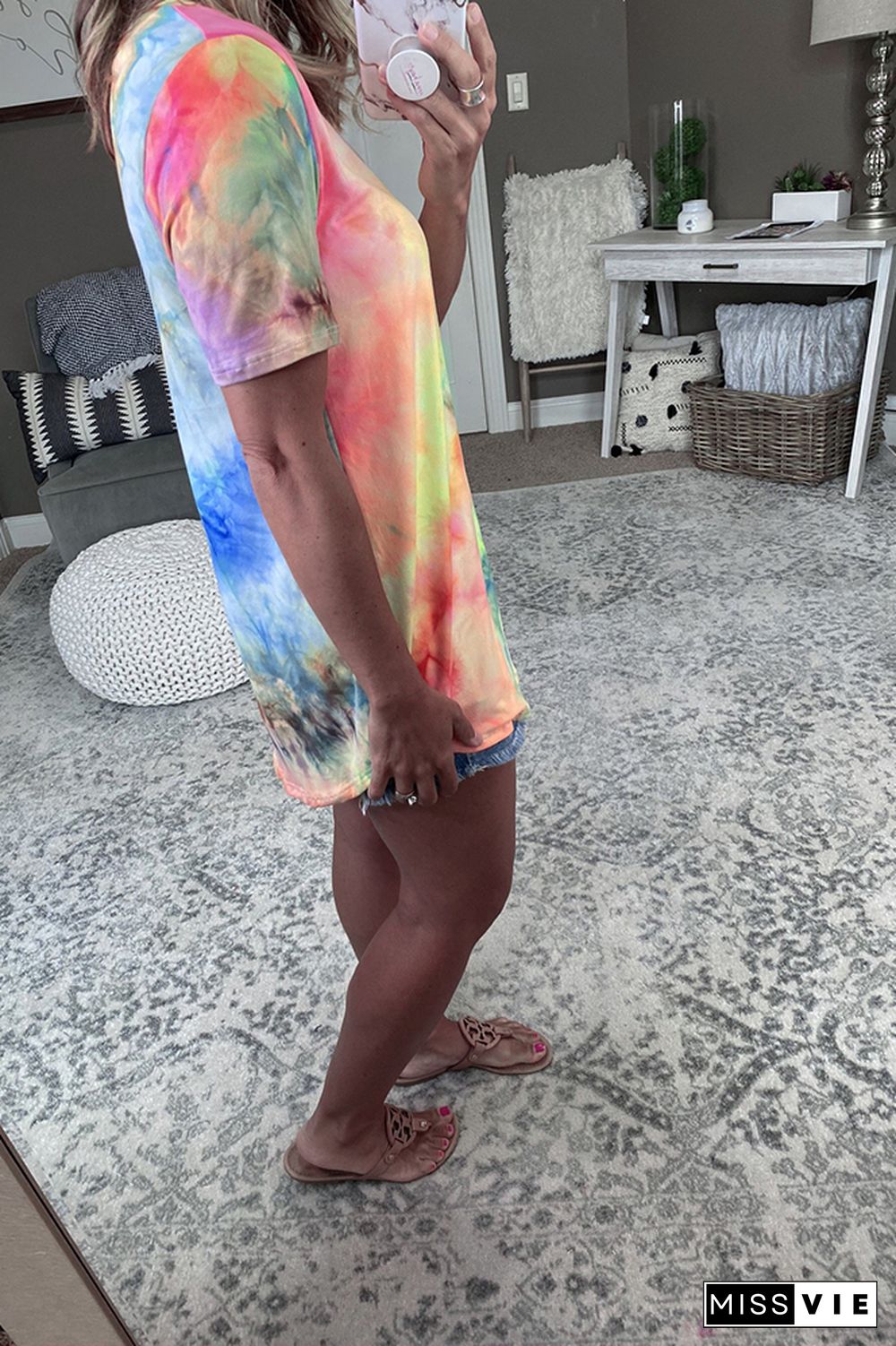 Summer Tie Dye Printed V-neck Short Sleeve T-shirt