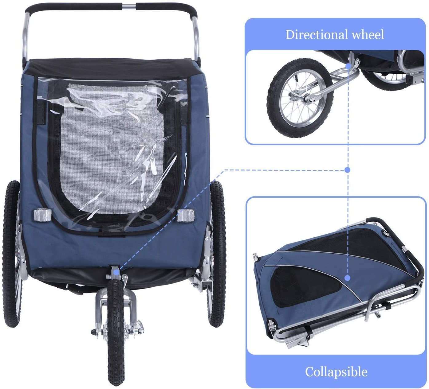 OWSOO Large pet Trailer and Jogger 2 in 1 Function(BLUE)