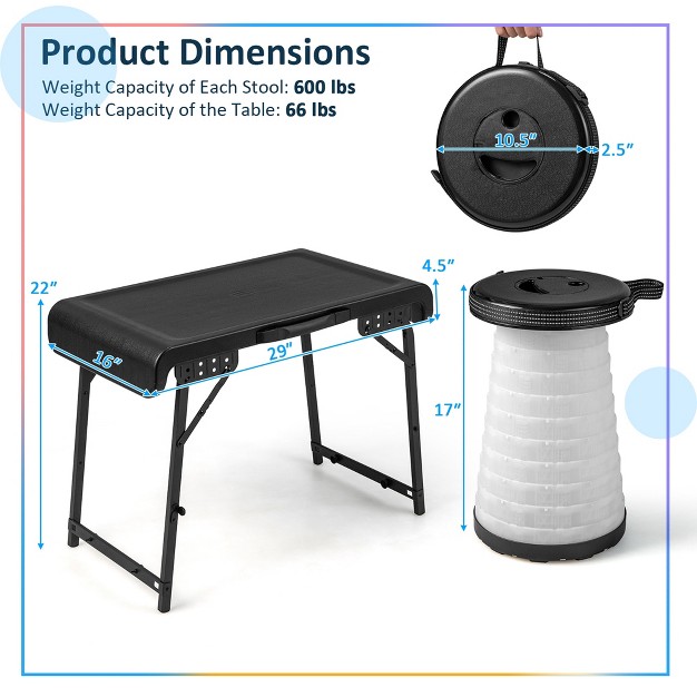 Costway 3 piece Folding Table Stool Set With A Camping Table amp 2 Retractable Led Stools