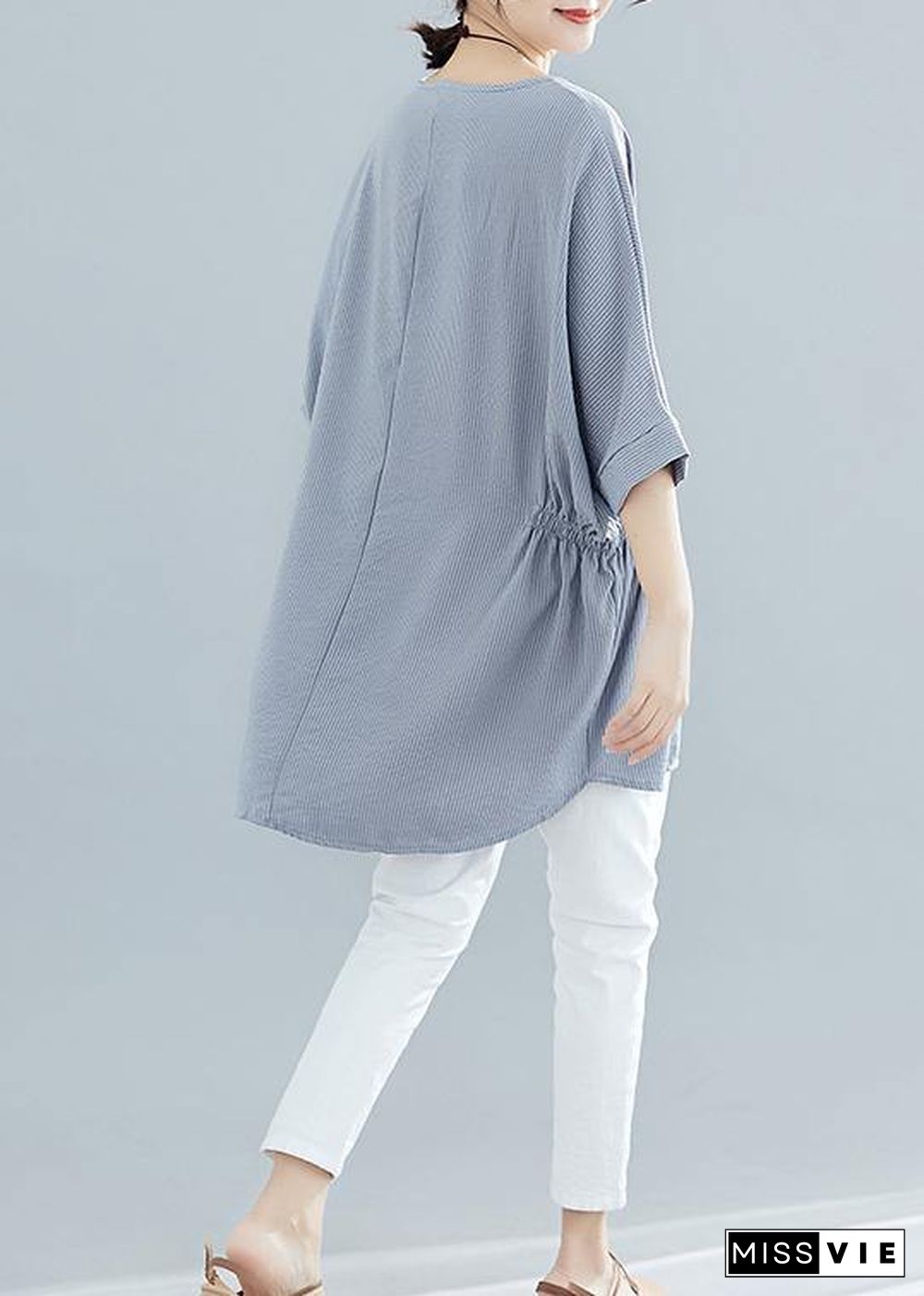 Beautiful gray striped cotton clothes For Women Batwing Sleeve loose summer blouse