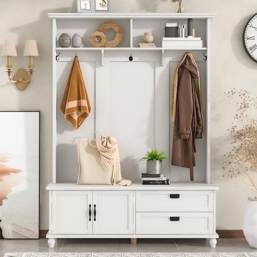 Harper  Bright Designs White Modern Style 59 in. W Hall Tree with Storage Cabinet and 2 Large Drawers and 5 Coat Hooks LXY020AAK