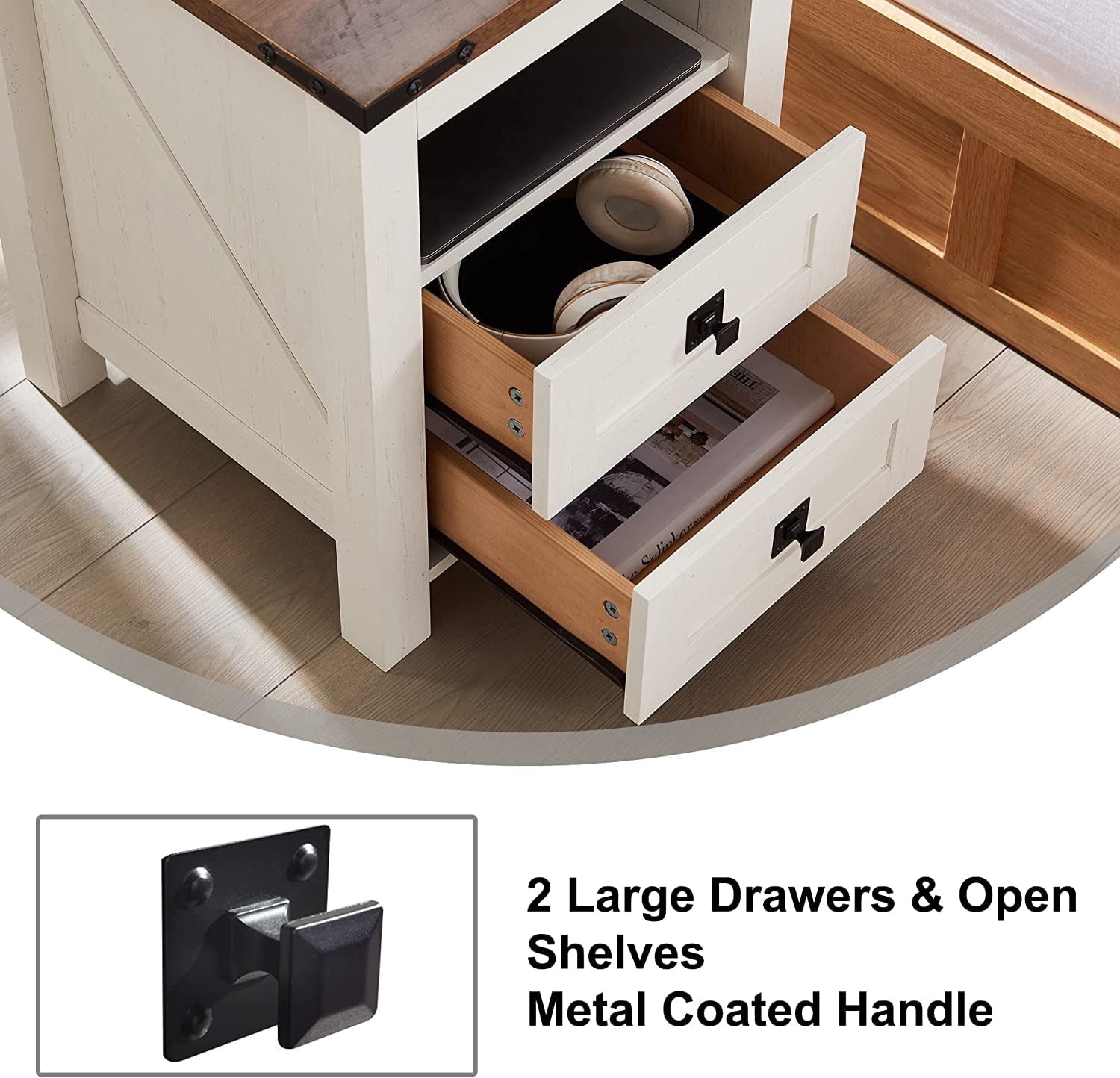 OKD Modern Farmhouse 2- Drawer Nightstand with Charging Station for Bedroom Living Room, End Table, Side Table, off White