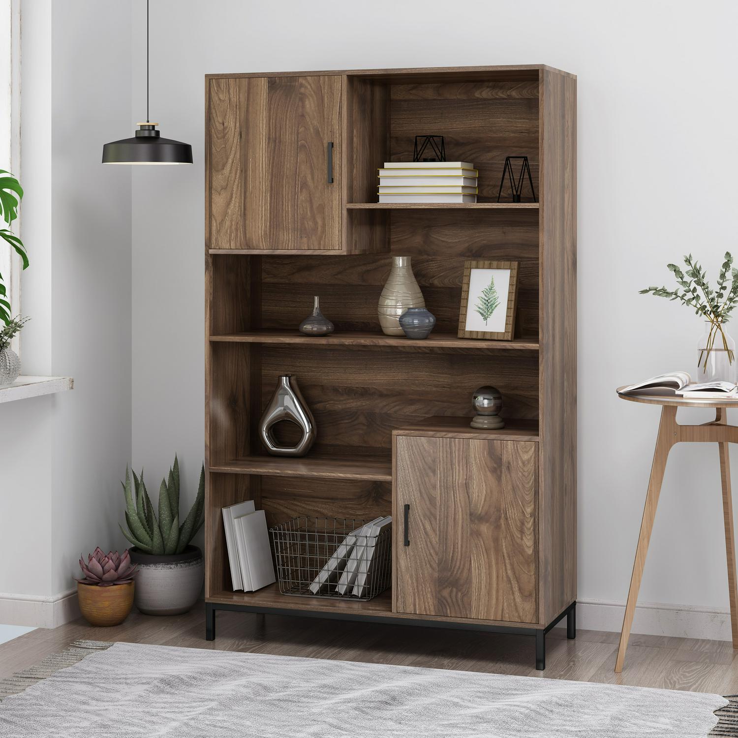 Noble House Lumiere Contemporary Faux Wood Cube Unit Bookcase， Walnut and Black