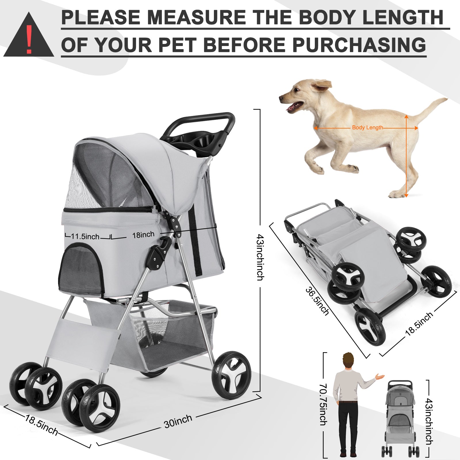 Pet Dog Stroller 4 Wheel Foldable Cat Dog Stroller with Storage Basket， Handle 360° Front Wheel Rear Wheel with Brake for Small Medium Dogs and Cats (Grey)