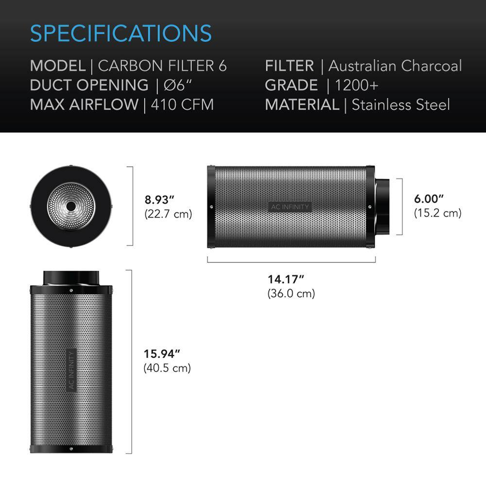 AC Infinity Hydroponics 16 in. x 9 in. x 9 in. Premium Australian Virgin Charcoal Carbon Air Filter for Inline Duct Fan MERV 14 AC-DCF6