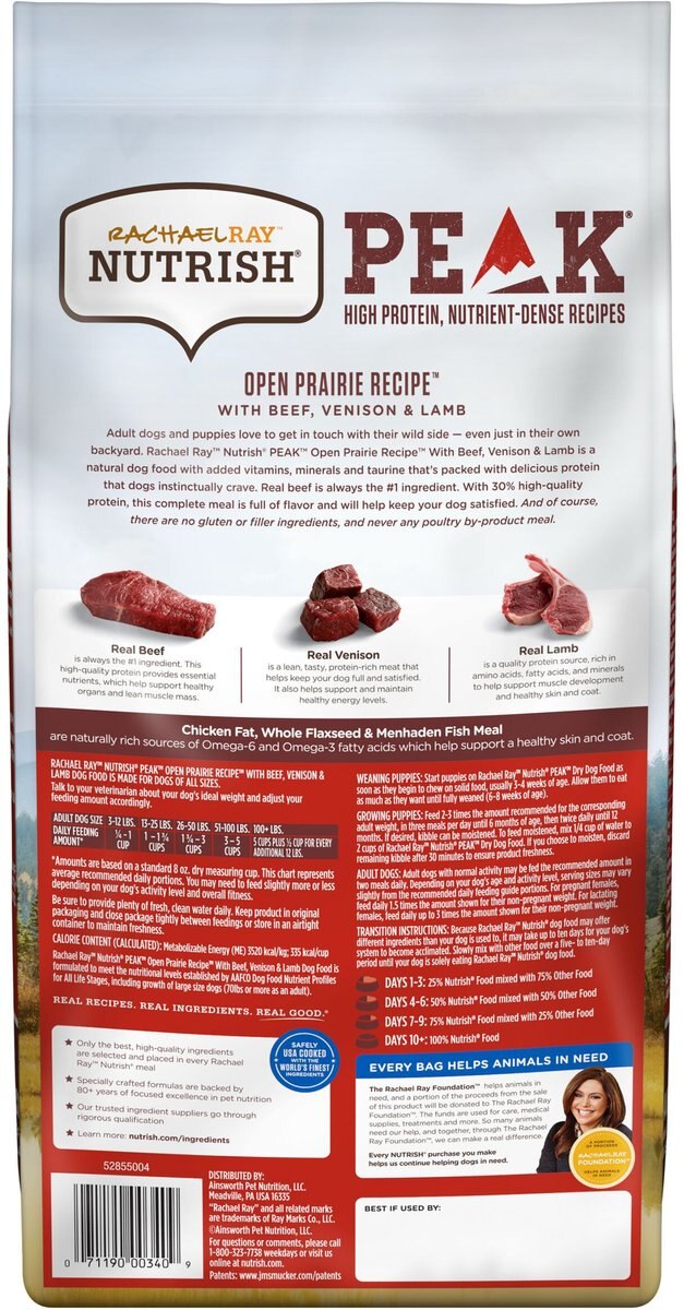 Rachael Ray Nutrish PEAK Open Prairie Recipe with Beef， Venison and Lamb Natural Grain-Free Dry Dog Food