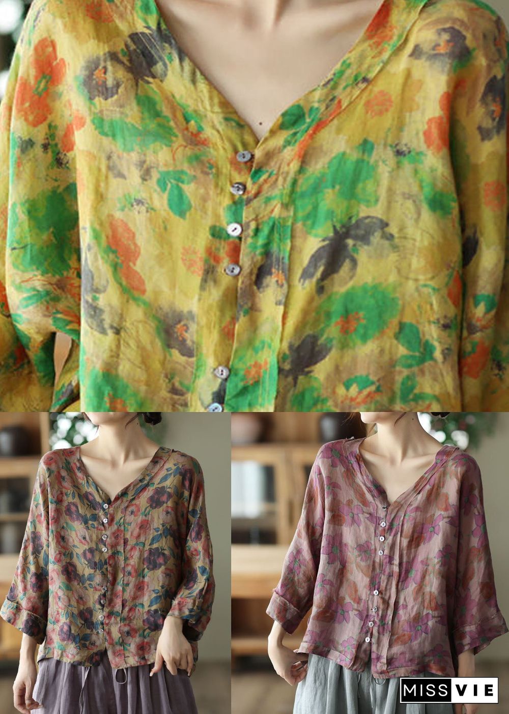 Casual Coffee V Neck Print Linen Shirt Tops Summer