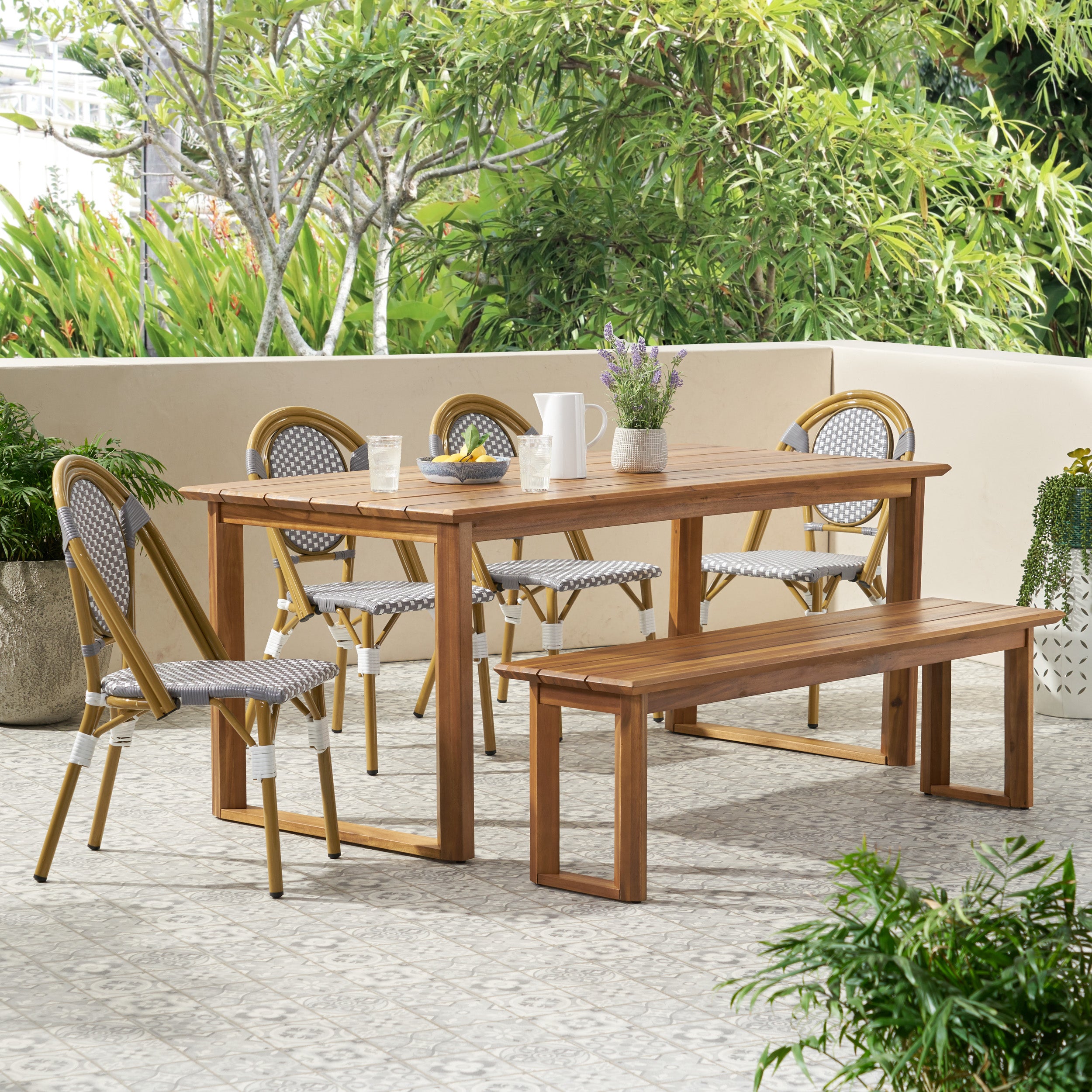 Varva Outdoor Acacia Wood and Wicker 6 Piece Dining Set with Bench