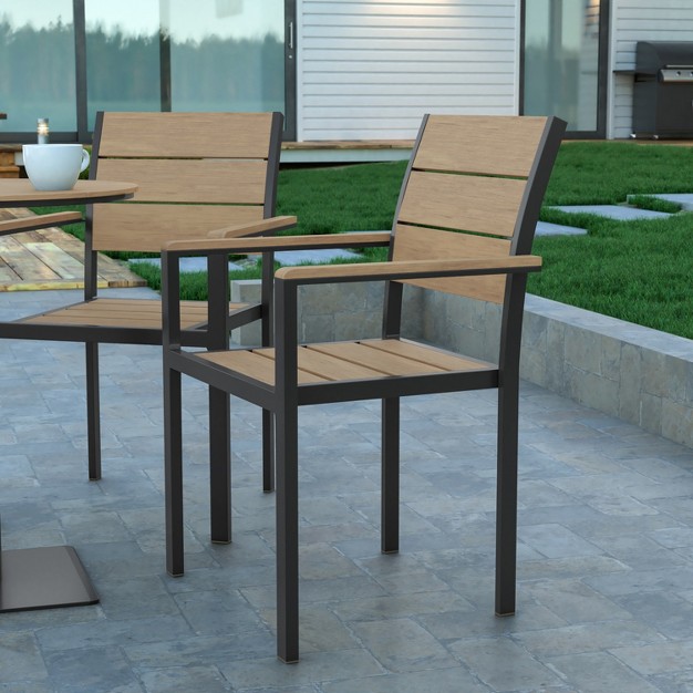 Emma And Oliver Outdoor Stacking Side Chair With Faux Teak Poly Slat Seat Back And Arms And Metal Frame