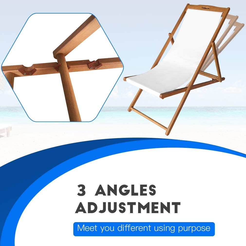 Adjustable Beach Sling Chair Set of 2 Folding Patio Lounge Chairs for Outside Solid Eucalyptus Wood Frame with White Polyester， Weight Capacity 352lbs