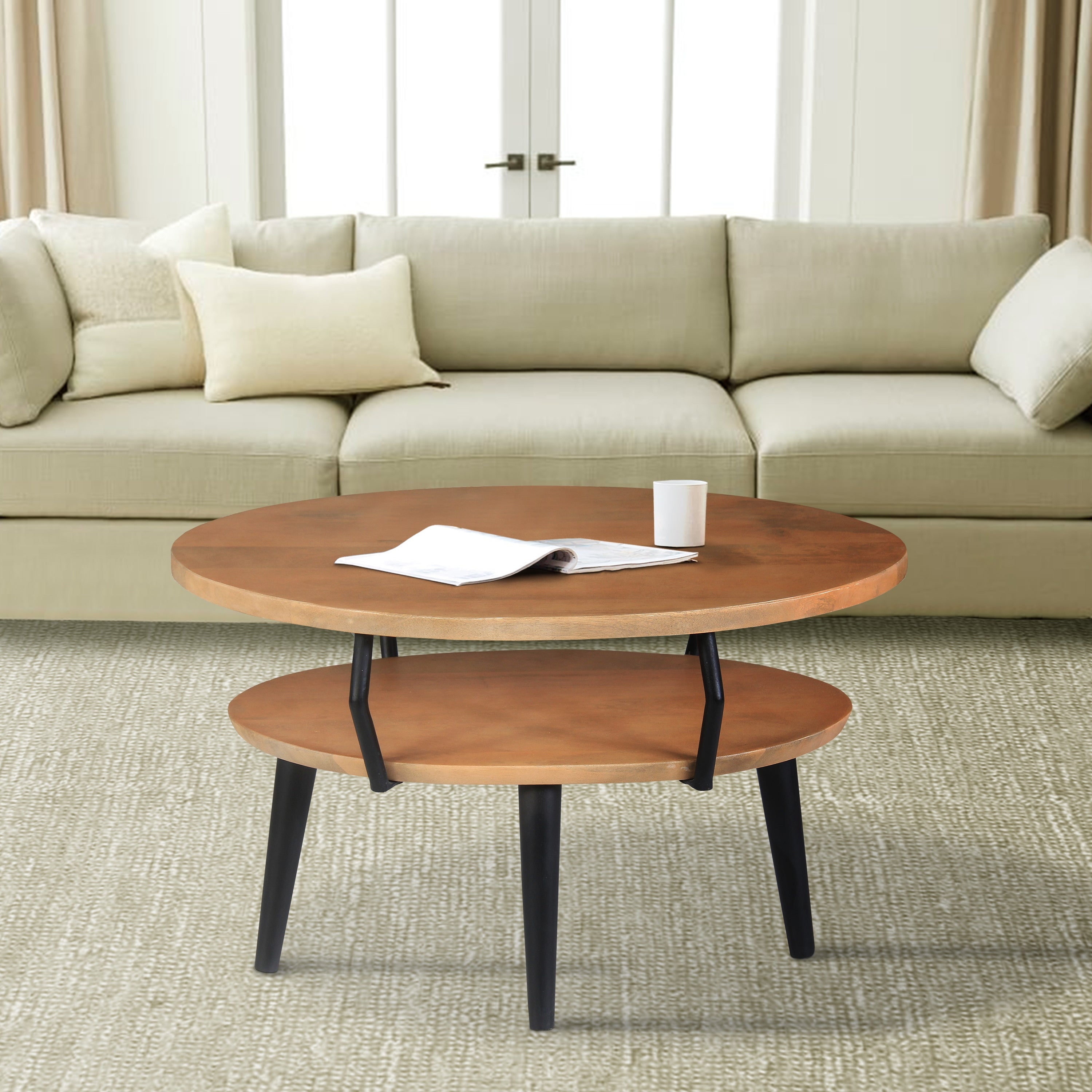 Mango Wood Oval Coffee Table with Open Shelf， Oak Brown and Black