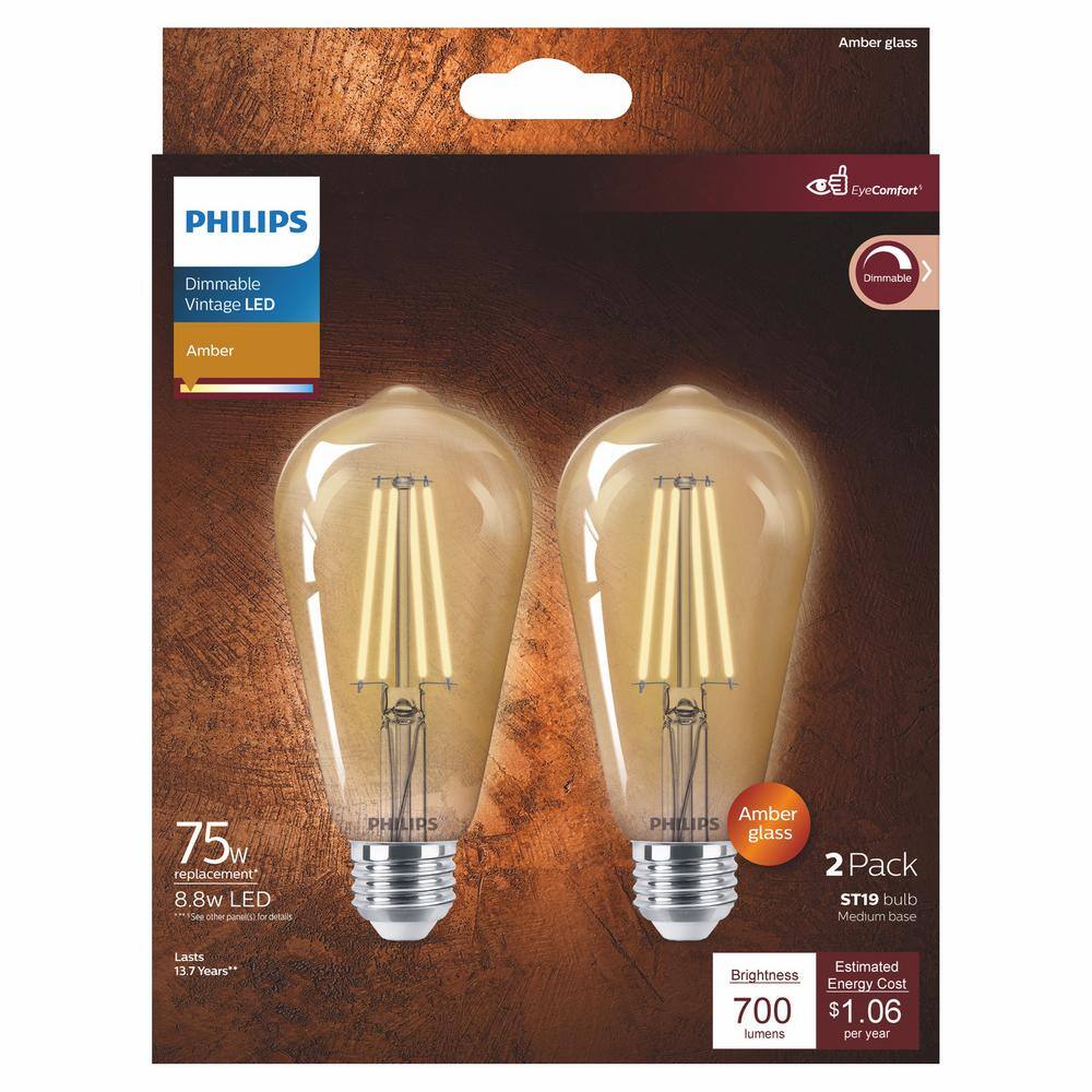 Philips 75-Watt Equivalent ST19 Glass Dimmable E26 Vintage Edison LED Light Bulb Amber 2000K (2-Pack) 565969