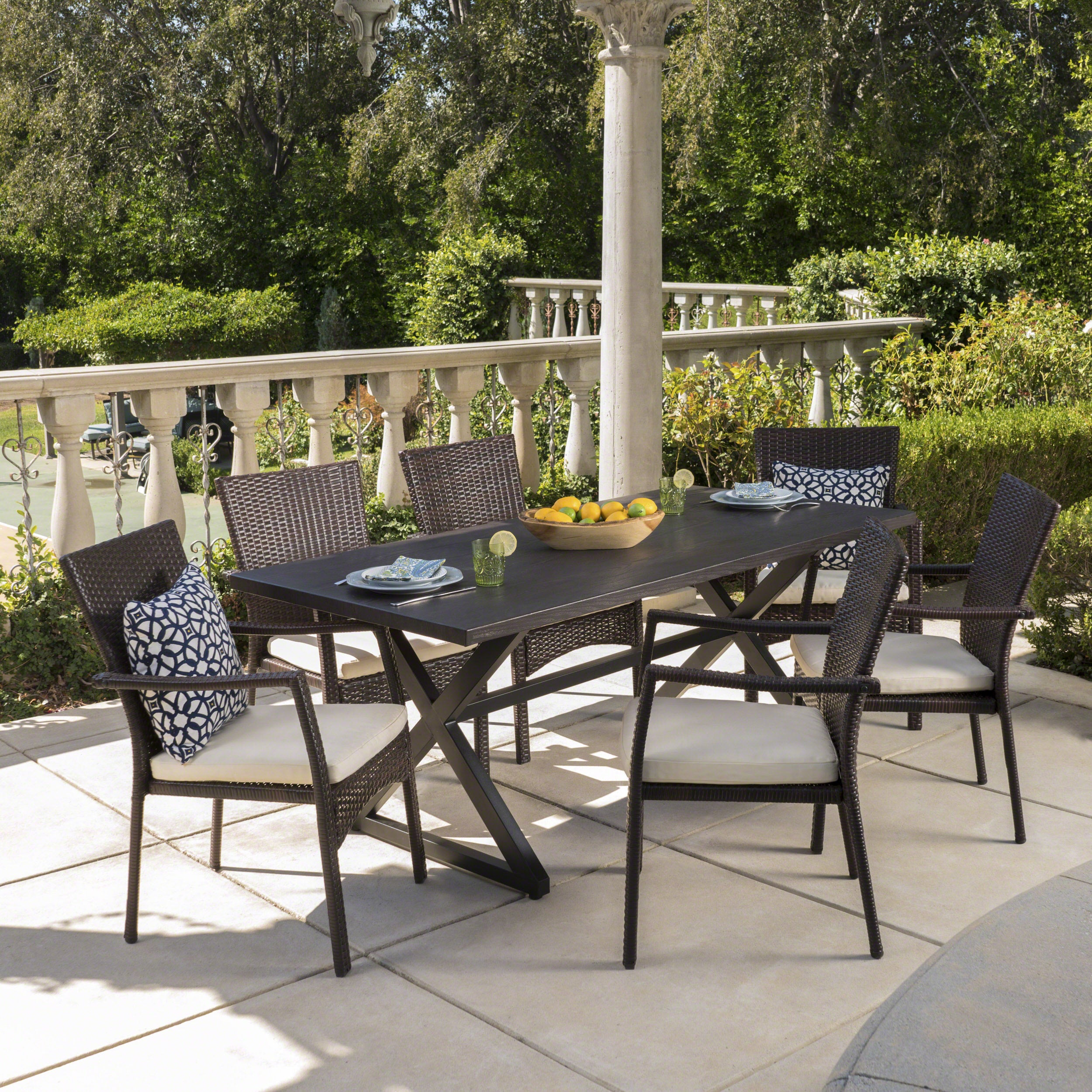 Adelade Outdoor 7 Piece Aluminum Dining Set with Wicker Dining Chairs