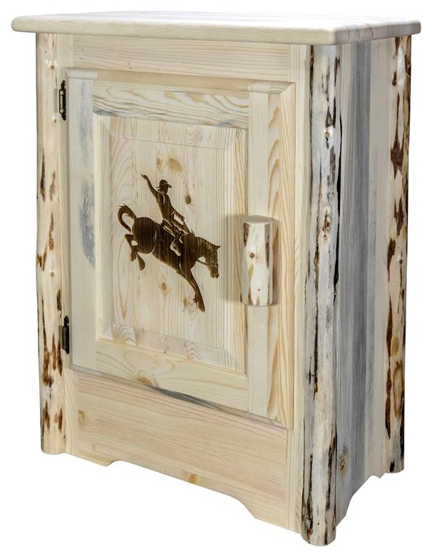 Montana Woodworks Wood Accent Cabinet with Engraved Bronc Design in Natural   Southwestern   Accent Chests And Cabinets   by Homesquare  Houzz