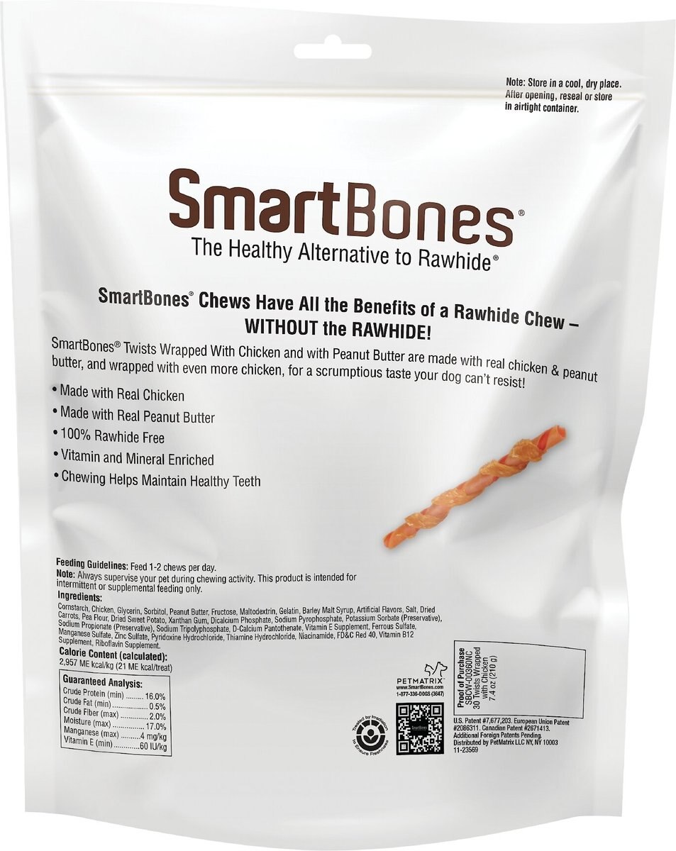 SmartBones Twists Wrapped Chicken and Peanut Butter Dog Treats， 30 count