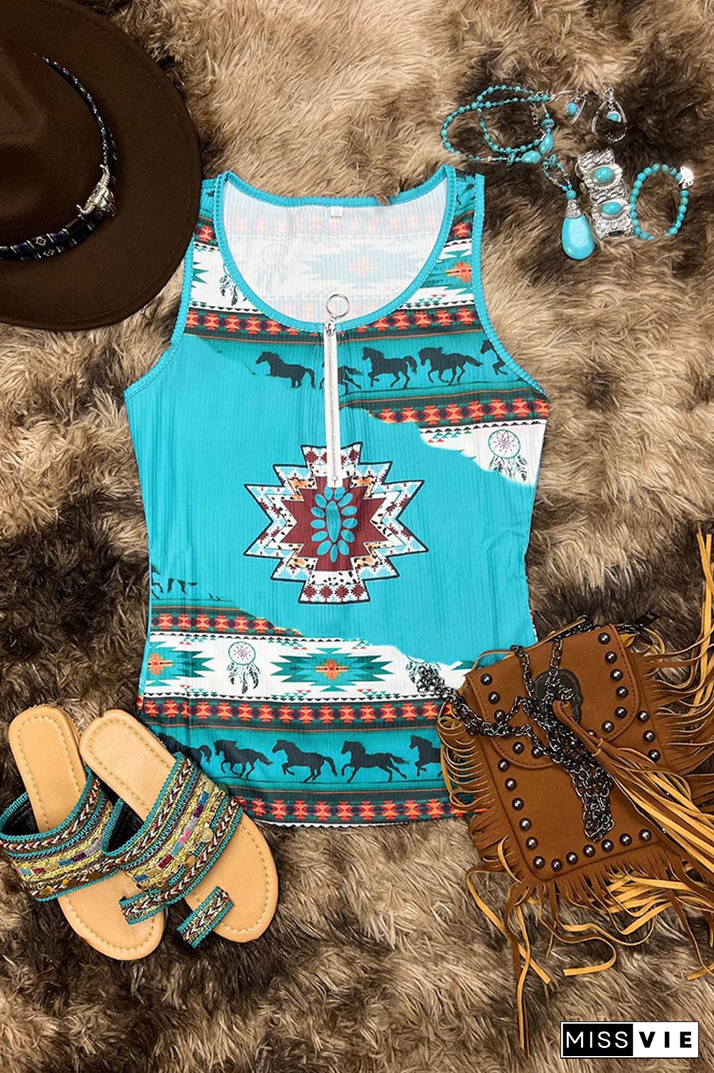 Turquoise Aztec Western Print Zipper Down Tank Top