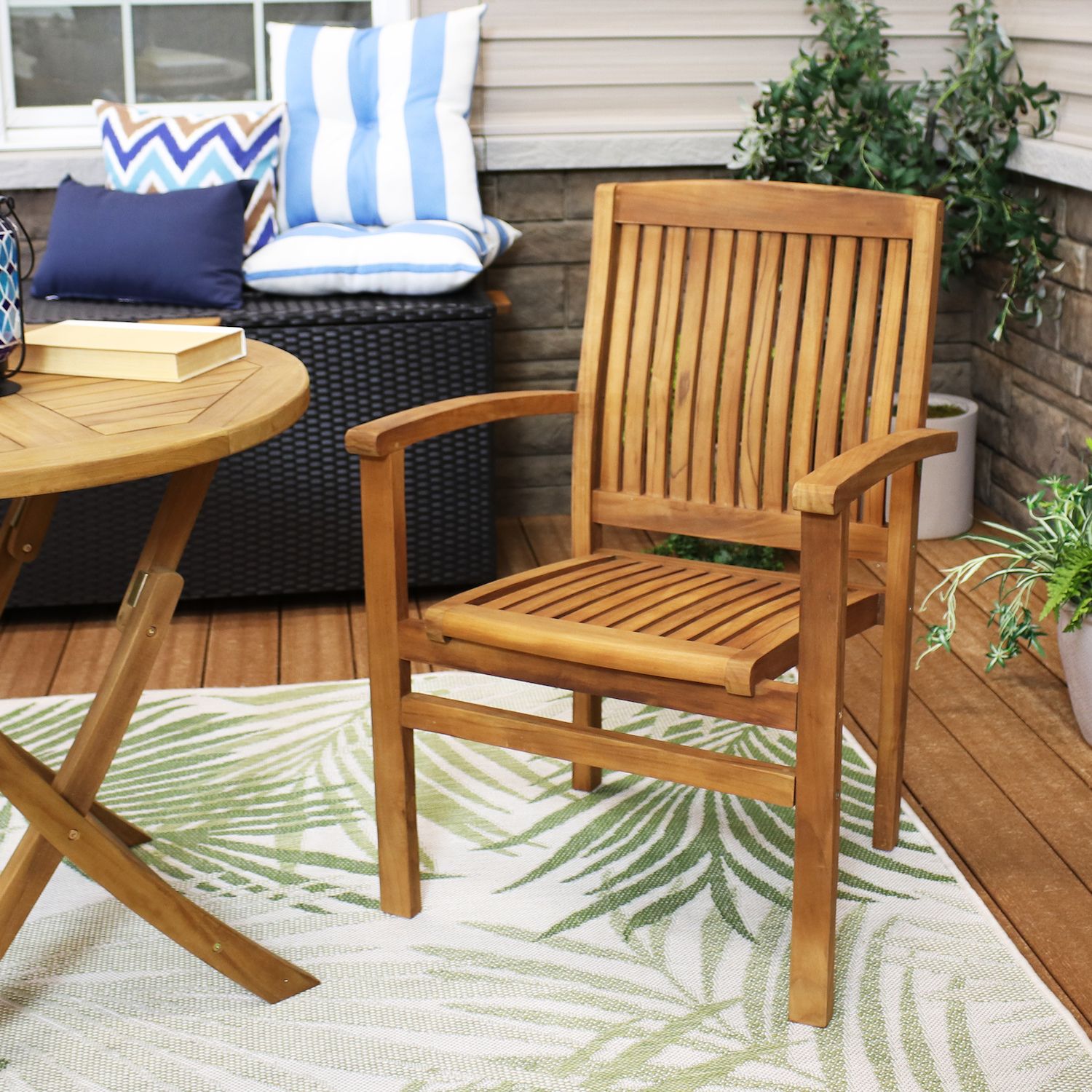 Sunnydaze Solid Teak Wood Stackable Outdoor Dining Armchair - Light Brown