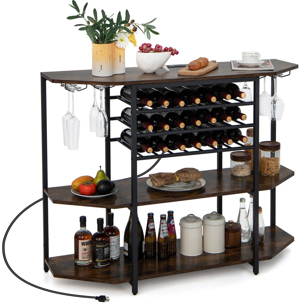 Gymax 3 Tier Wine Bar Cabinet with Storage Shelves Glass Holders