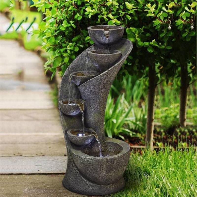 23.5inches Outdoor Water Fountain with LED Light   Modern Curved Indoor Outdoor Waterfall Fountain 5 Tier   11.5*11.5*23.5inches