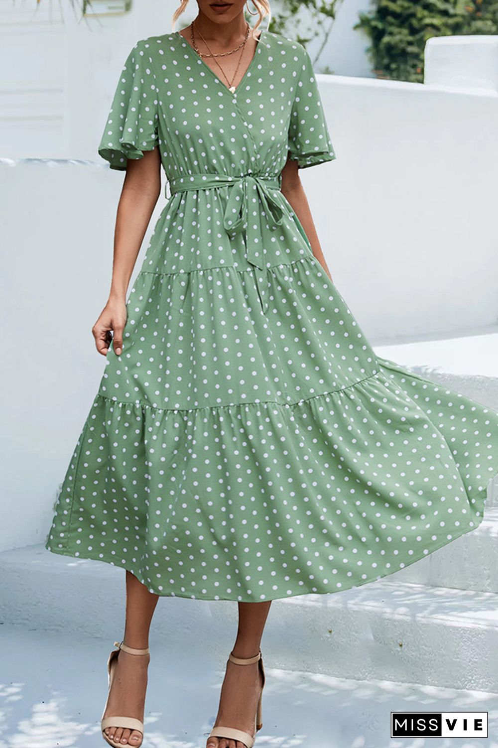 Polkadot V Neck Waist Tie Tiered Ruffle Dress