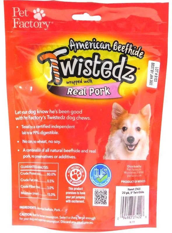 Pet Factory Twistedz 5-inch Beefhide Pork Flavored Twist Sticks Dog Hard Chews， 20 count