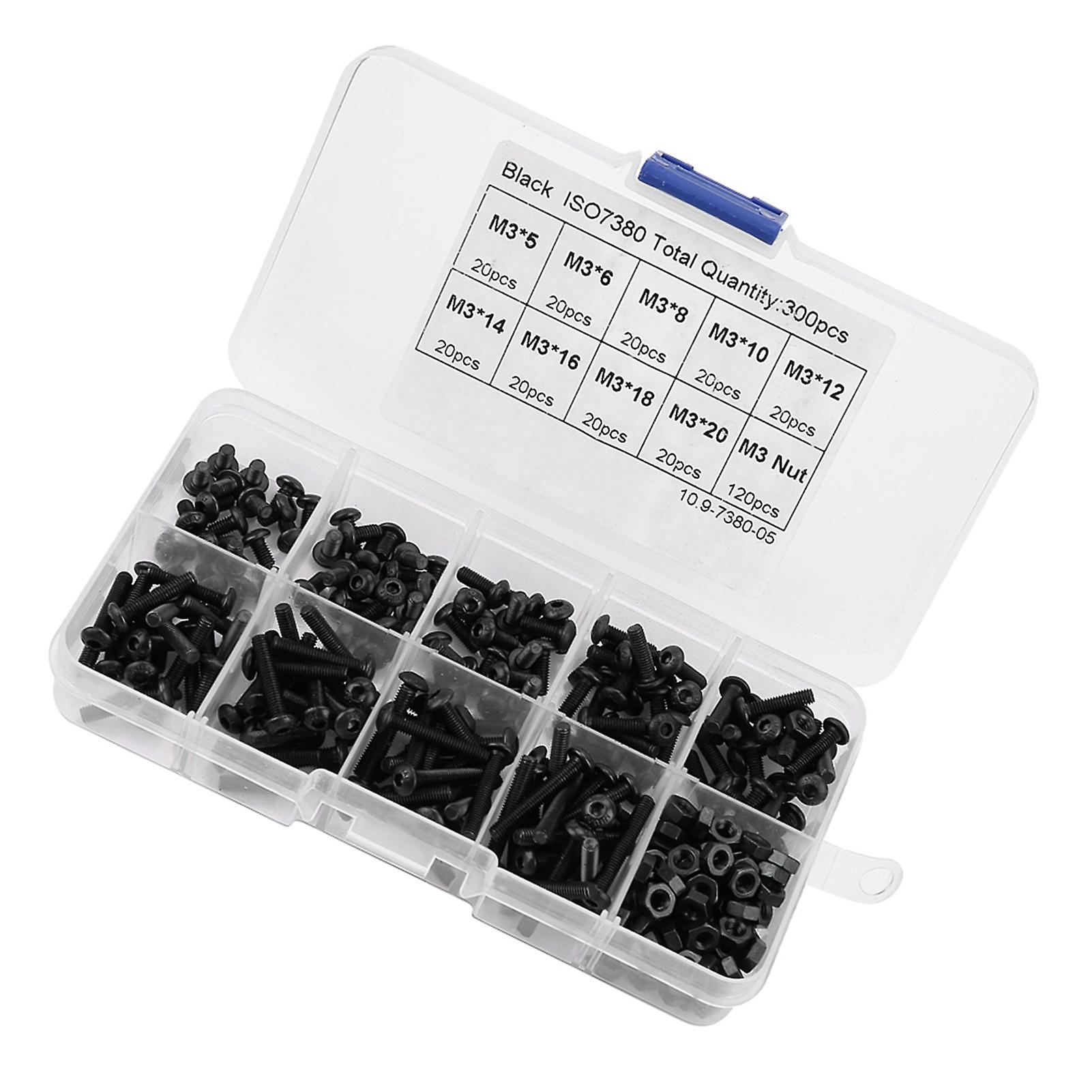 300pcs M3 Black 10.9 Grade Button Head Hex Socket Screw Bolt Nut Assortment Kit